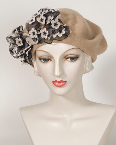 0408BEF Beret, wool felt, camel with black