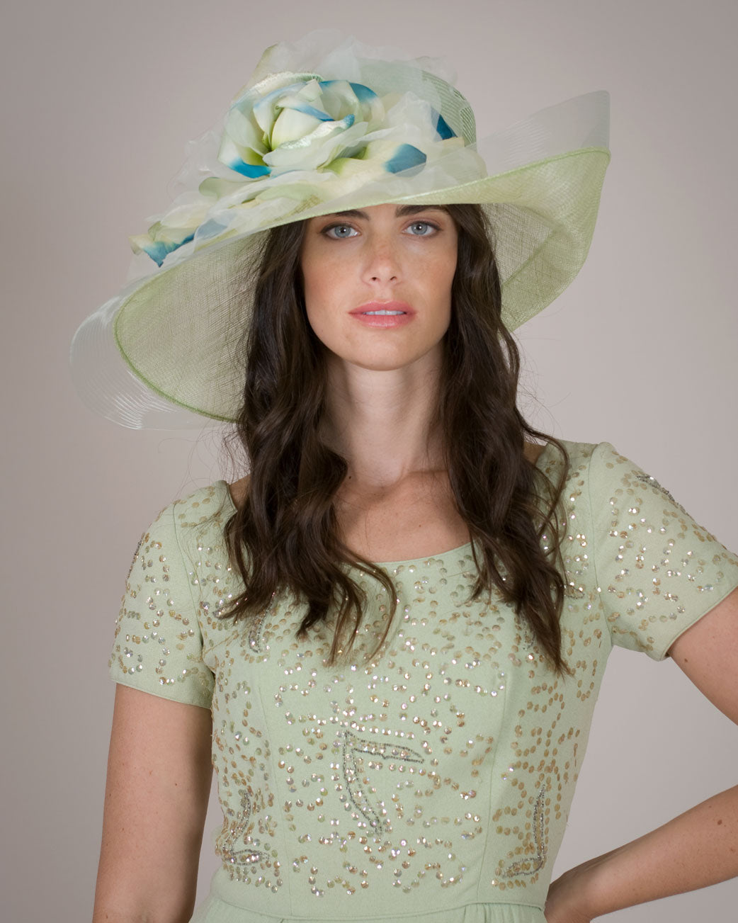 Louise Green hat, Sisal crown sinamay brim with giant chiffon