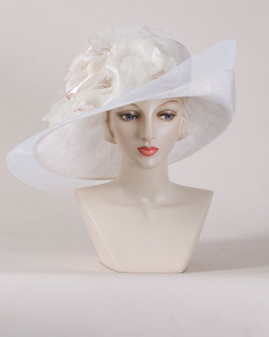 Louise Green hat, Sisal crown & sinamay brim with giant chiffon rose ...