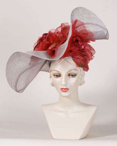 0529FESP Faye, sisal crown/sinamay brim, grey with scarlet