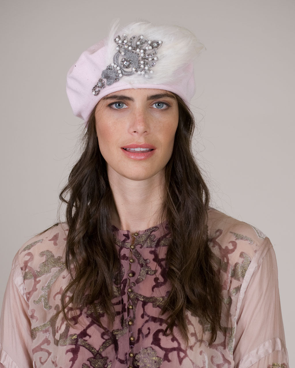 Louise Green hat, Beaded applique feather pad trim – Louise