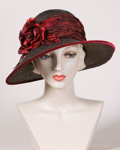 Louise Green hat, Silk velvet & chiffon off-center rose, crinkled ...