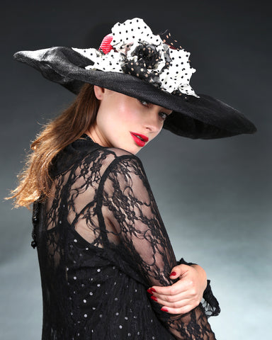 Louise Green hat, Sisal crown with puff sinamay brim large polka