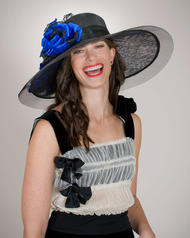 0547KRSP Kristen, sisal crown, sinamay brim, black with blue