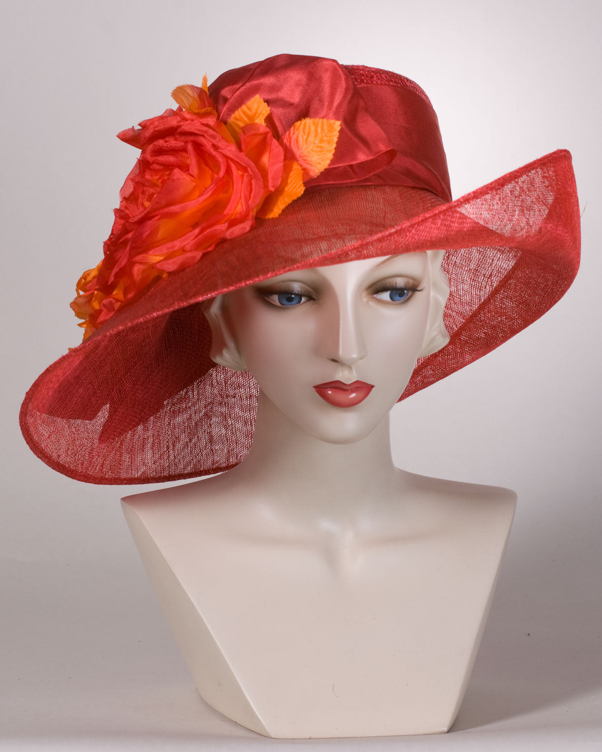 Louise Green hat, Varigated silk roses, taffeta band bow