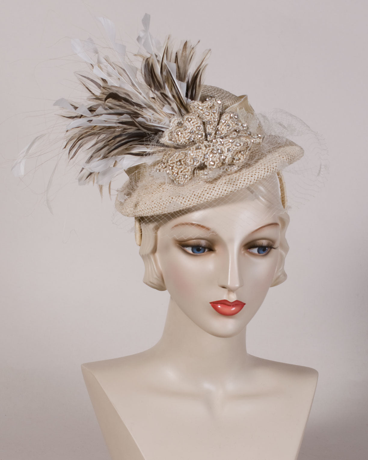 05p16 Doll Hat, open weave straw, tea - Louise Green Millinery