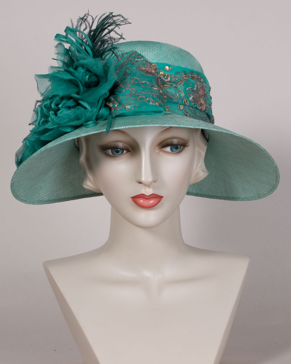 05p28 Helena, sisal straw, turquoise - Louise Green Millinery