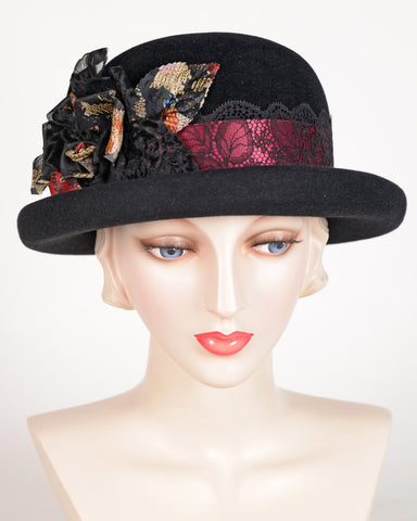 0652RDV Roll Brim Derby, velour, black with multi