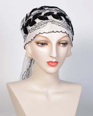 0721 Head Scarf, silk, white with black