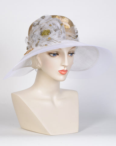 0744ELSP Elizabeth, sisal crown/sinamay brim, old gold/white