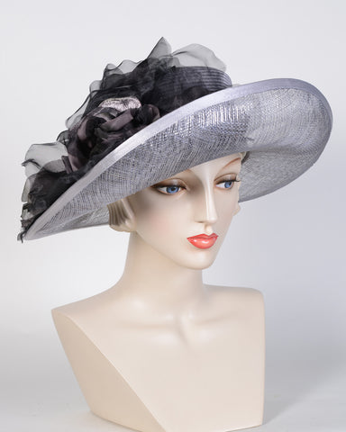 0757HZSP Hazel, sisal crown/sinamay brim, silver-grey/silver with black