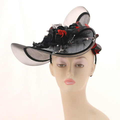 ZP3143FS Special Fascinator P: Drama; black, silver, & scarlet