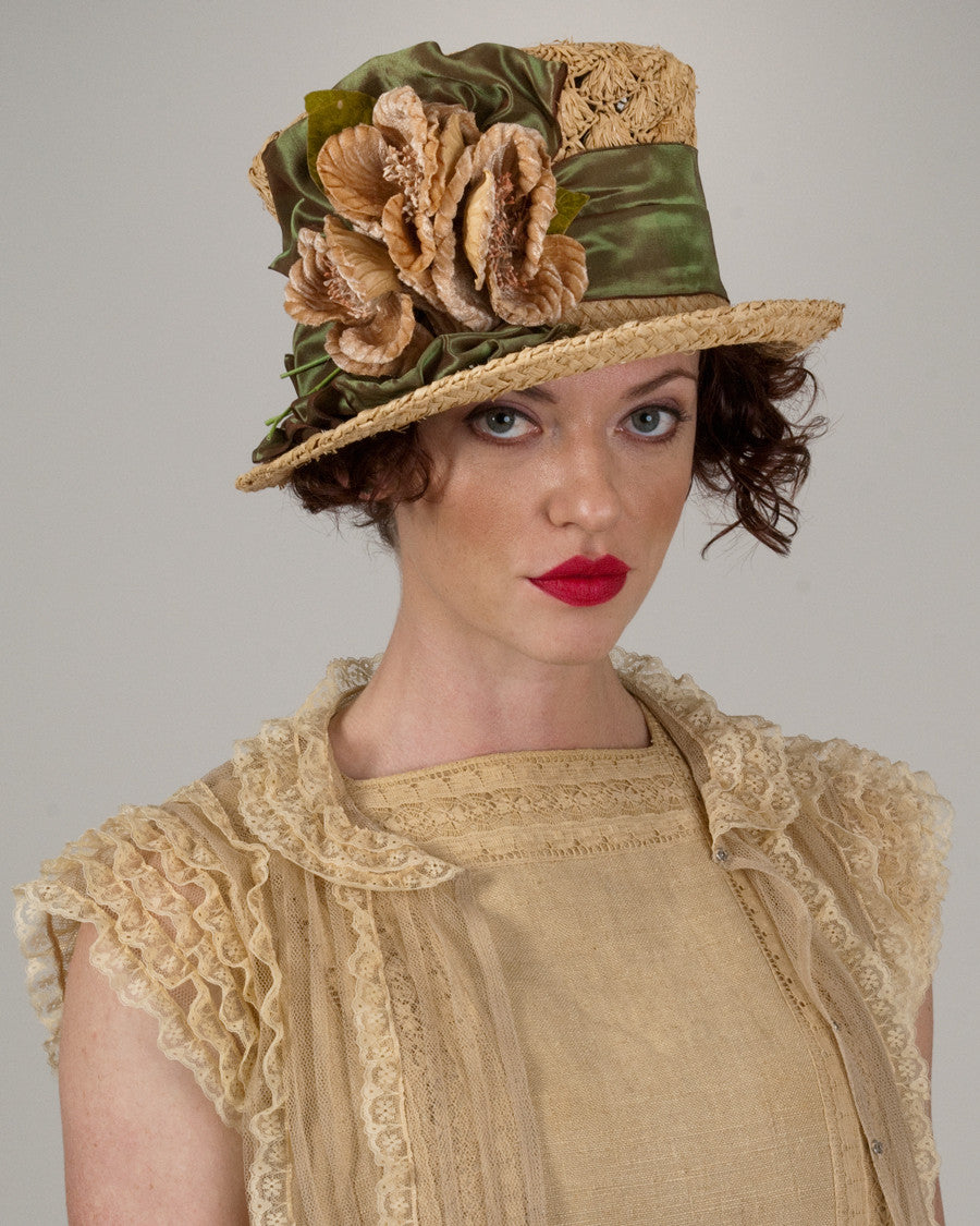 9330TPRF Top Hat, tea with olive - Louise Green Millinery