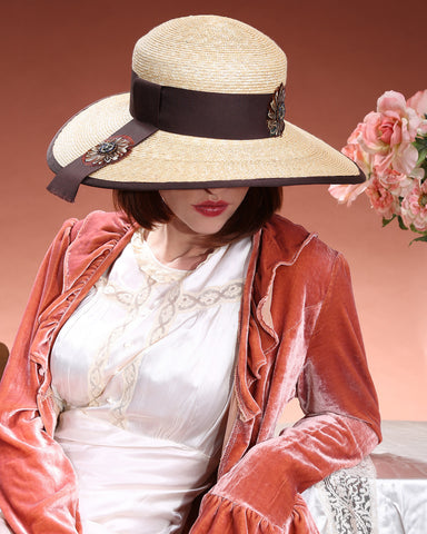 0995BR Boater, Straw braid, wheat with brown