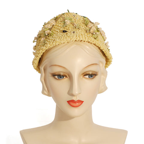 V988 Vintage: Schiaparelli, green/brown braid cloche, 22 - Louise Green  Millinery