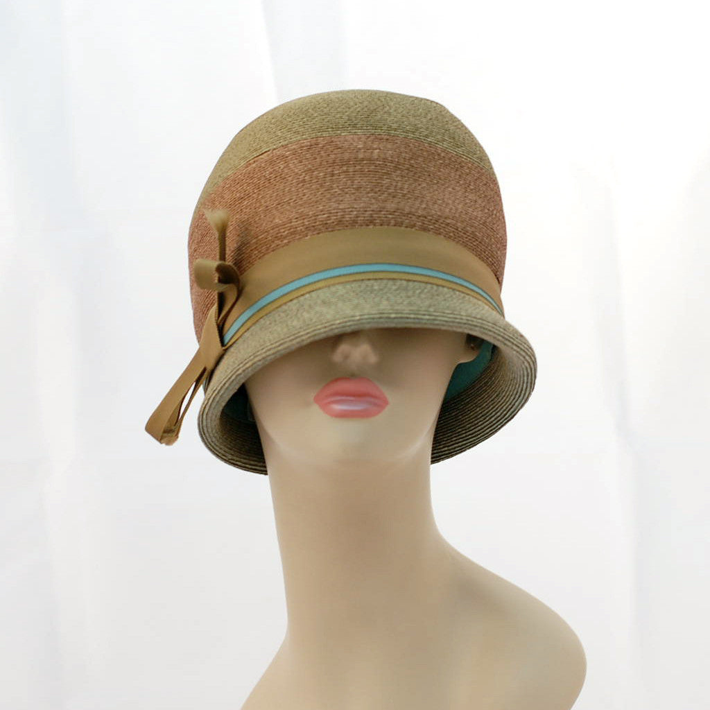 V988 Vintage: Schiaparelli, green/brown braid cloche, 22 - Louise Green  Millinery