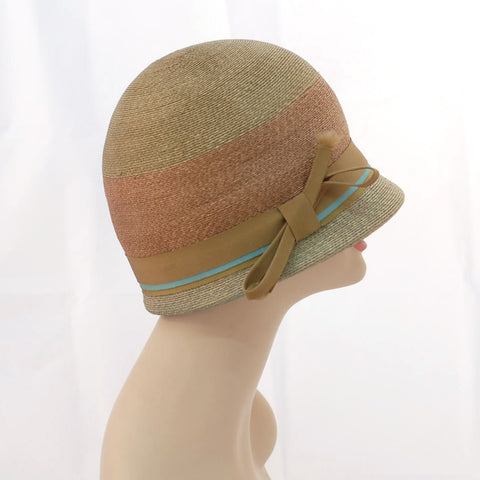 V988 Vintage: Schiaparelli, green/brown braid cloche, 22 - Louise Green  Millinery