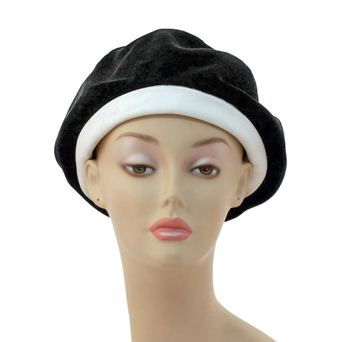 V991 Vintage: Designed by Patrice, black velvet/white leather beret, 22"