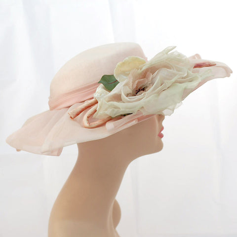 V996 Vintage: Collette Lathay Original, blush picture hat w/ silk rose, 22.5"